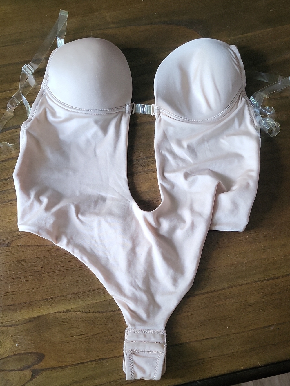 Plunge U-Back Shaping Bodysuit with Clear Straps - Blush